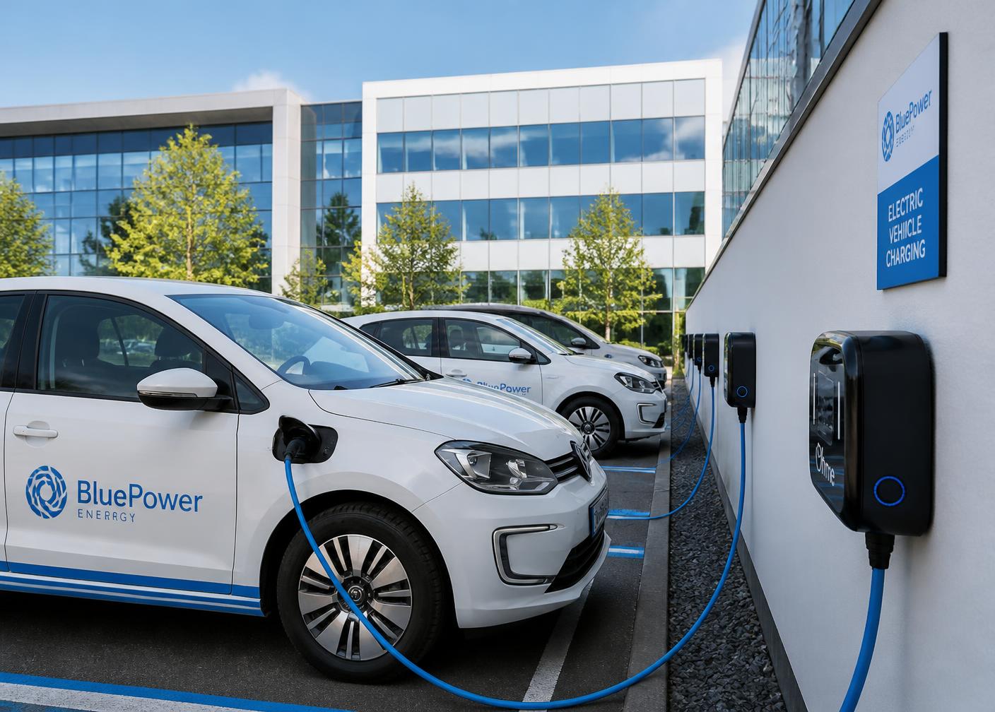 Company electric cars charging at a business site